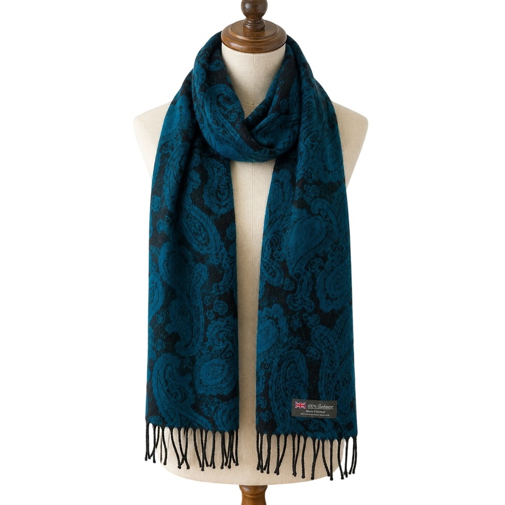 100% Cashmere Scarf Made in Scotland Teal Black Paisley Fringe 64 x 12